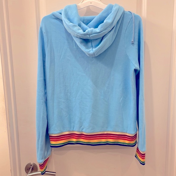 NWT Aviator Nation rainbow rib sky blue zip front hoodie-unisex S - Picture 2 of 7